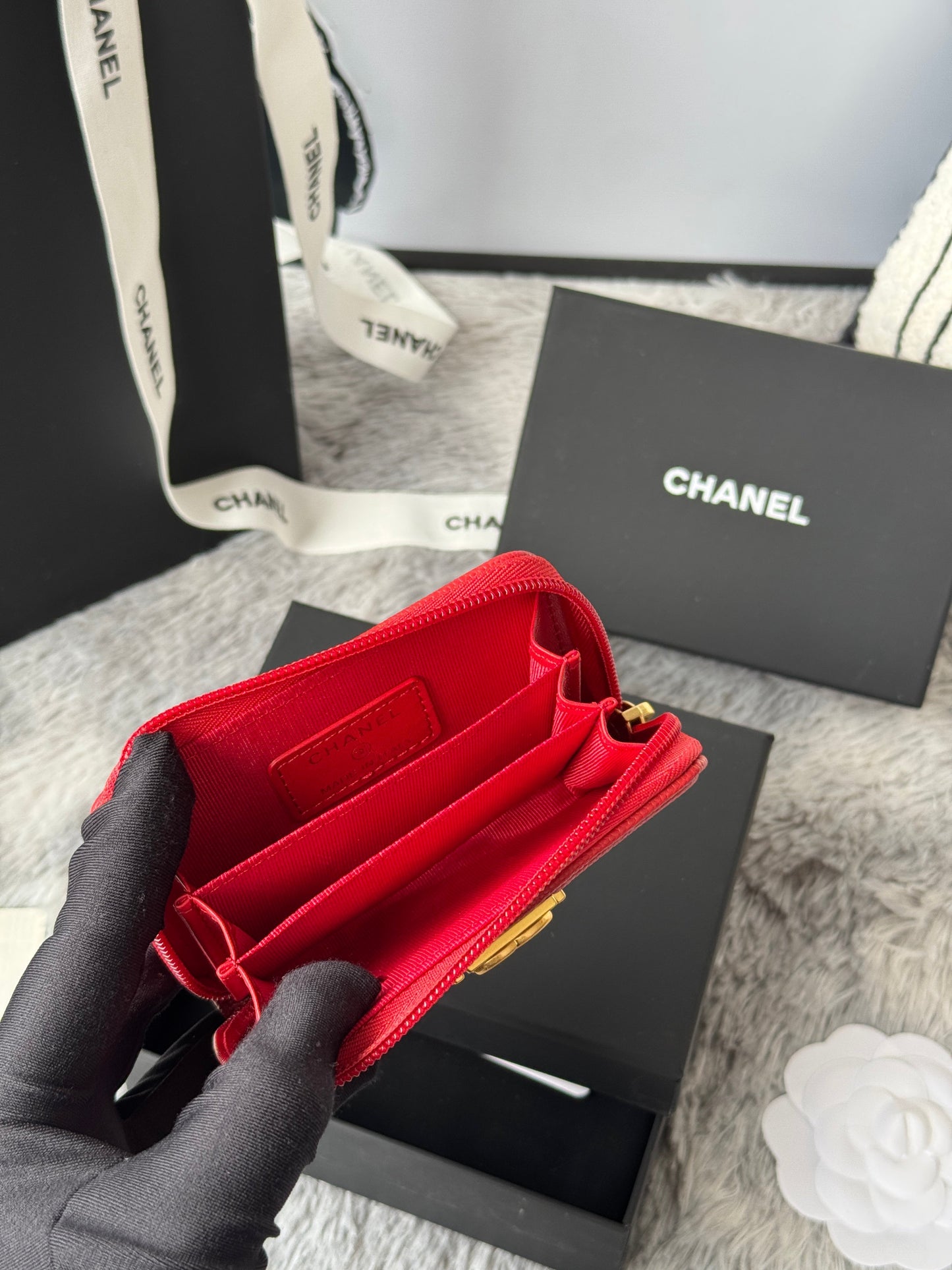 CC Classic Boy Coin Purse Red Gold-tone Grained Calfskin 242876