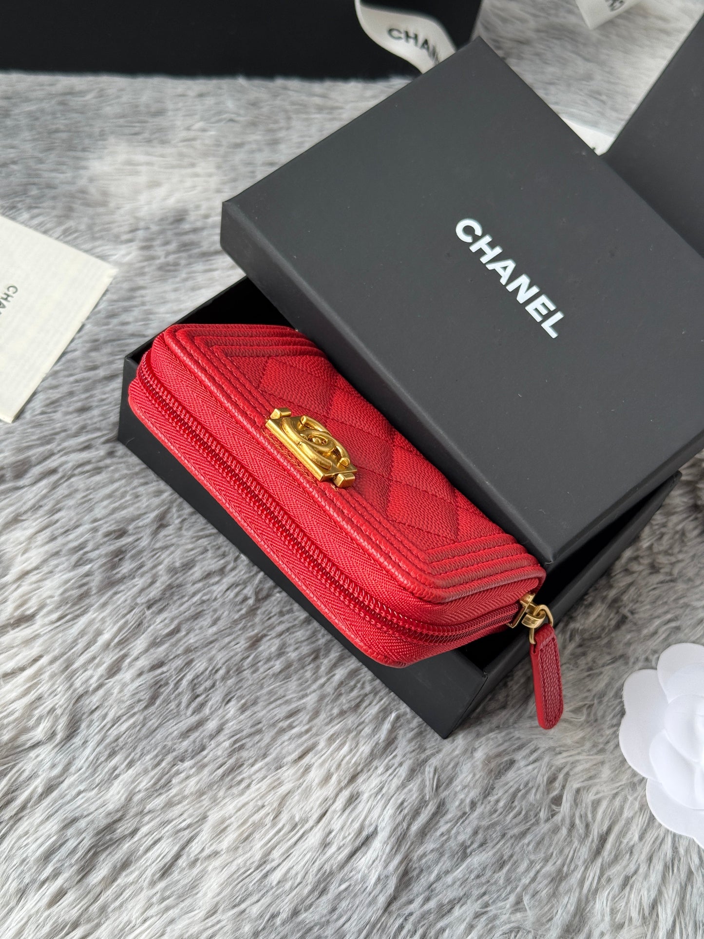 CC Classic Boy Coin Purse Red Gold-tone Grained Calfskin 242876