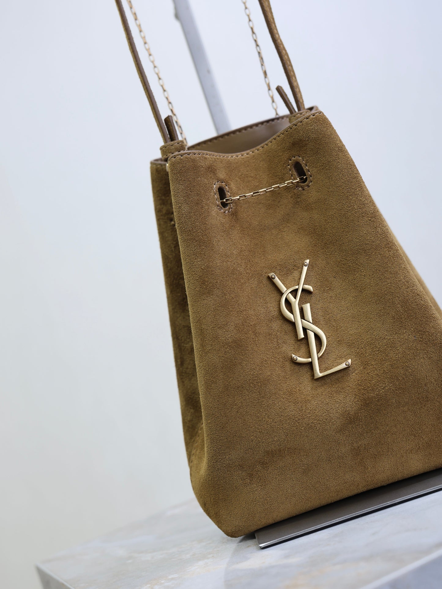 Pochon Bucket Bag 20cm Brown Suede Bronze-Tone HW