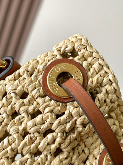 NO_ PURSE 24 IN BEIGE CROCHETED RAFFIA AND BROWN CALFSKIN TRIM