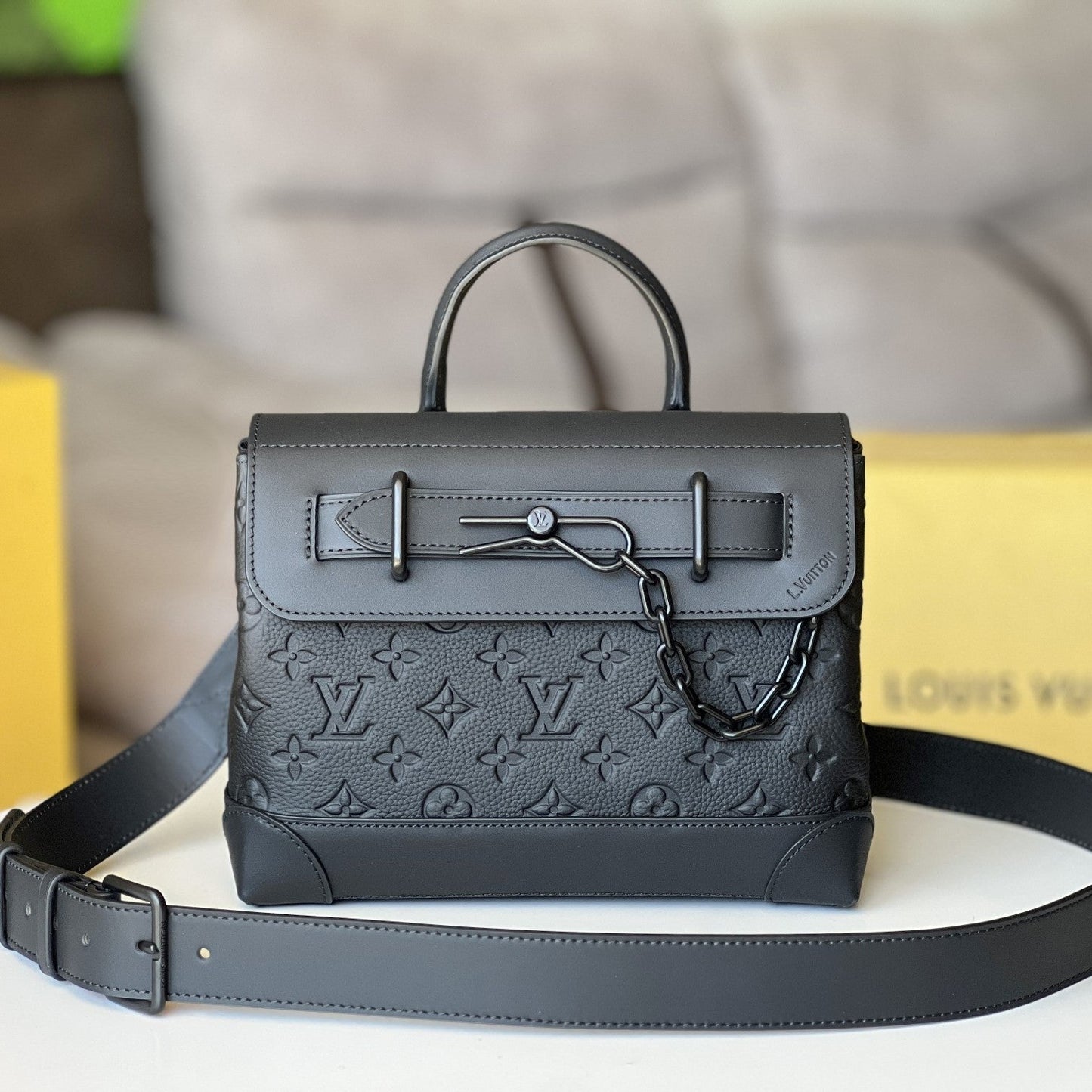 LV Steamer PM Bag 25cm Black Taurillon Monogram Leather