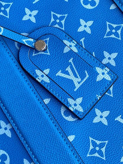 LV The Weekend Tote Bag 43cm Blue Monogram Canvas & Taïga Leather
