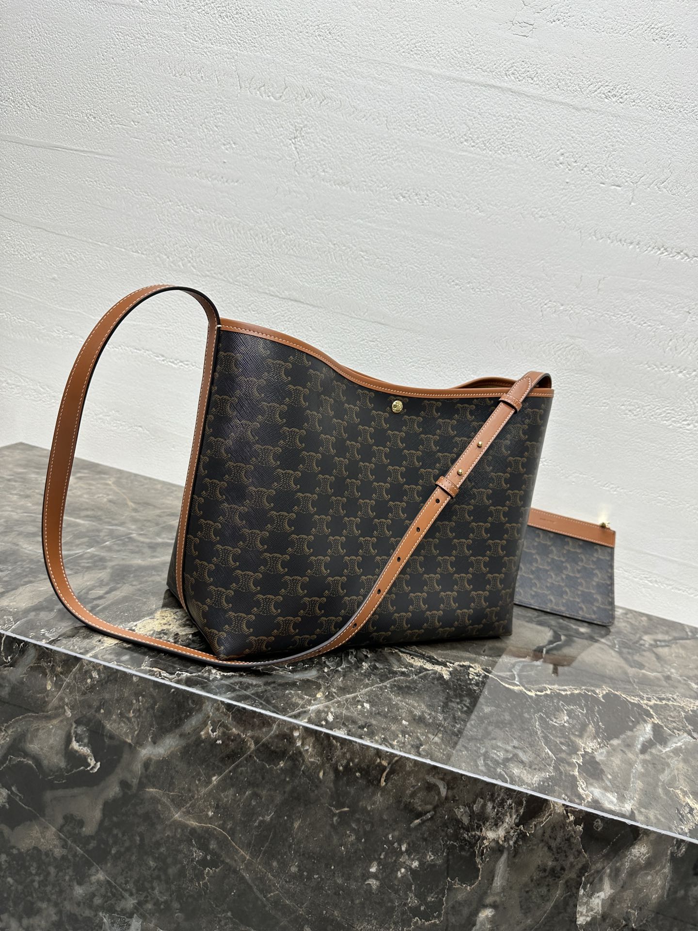 Celine Soft Shopper Bag in Triomphe Brown Black Canvas and Calfskin