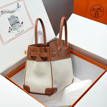 HM Birkin 30 Gold Swift Leather Grey Canvas Gold Hardware