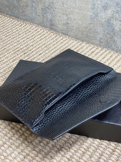 YSL 22s Uptown Pouch Clutch Bag Black Croc Embossed Leather GHW