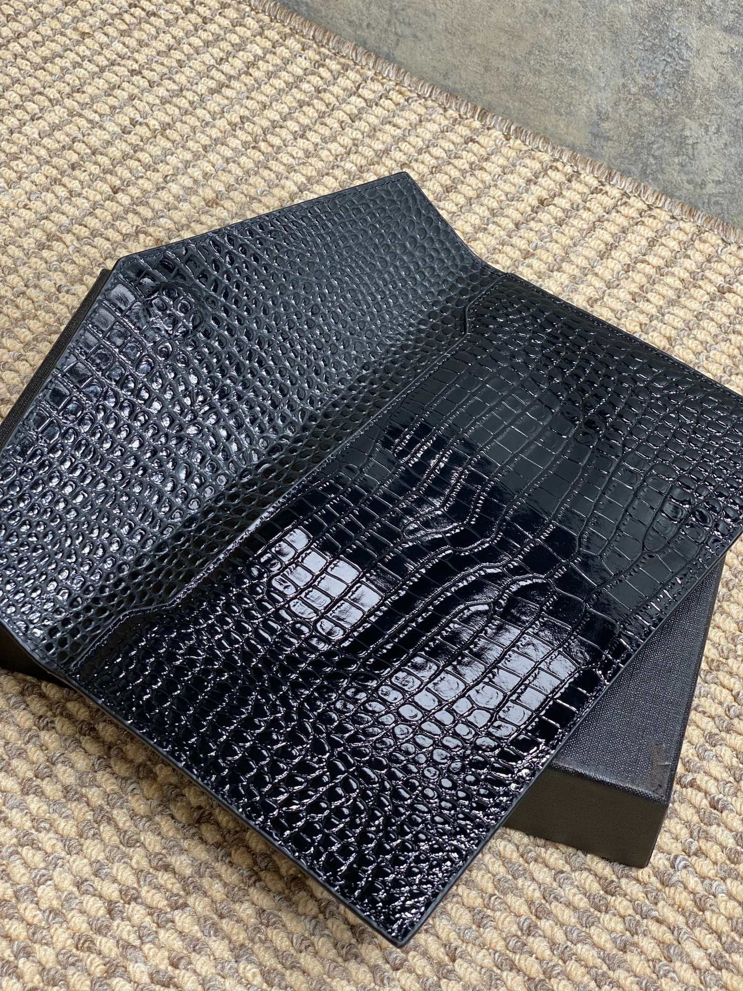 YSL 22s Uptown Pouch Clutch Bag Black Croc Embossed Leather GHW