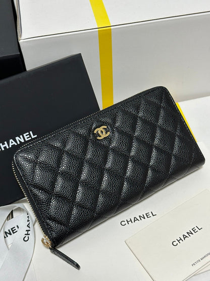 CC Long Zipped Wallet Black Quilted Caviar Gold Buckle 243681