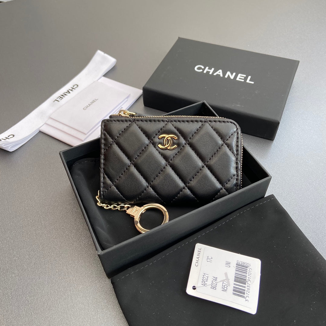 CC Hook & Chain Zipper Card Holder Black Sheepskin GHW 234737