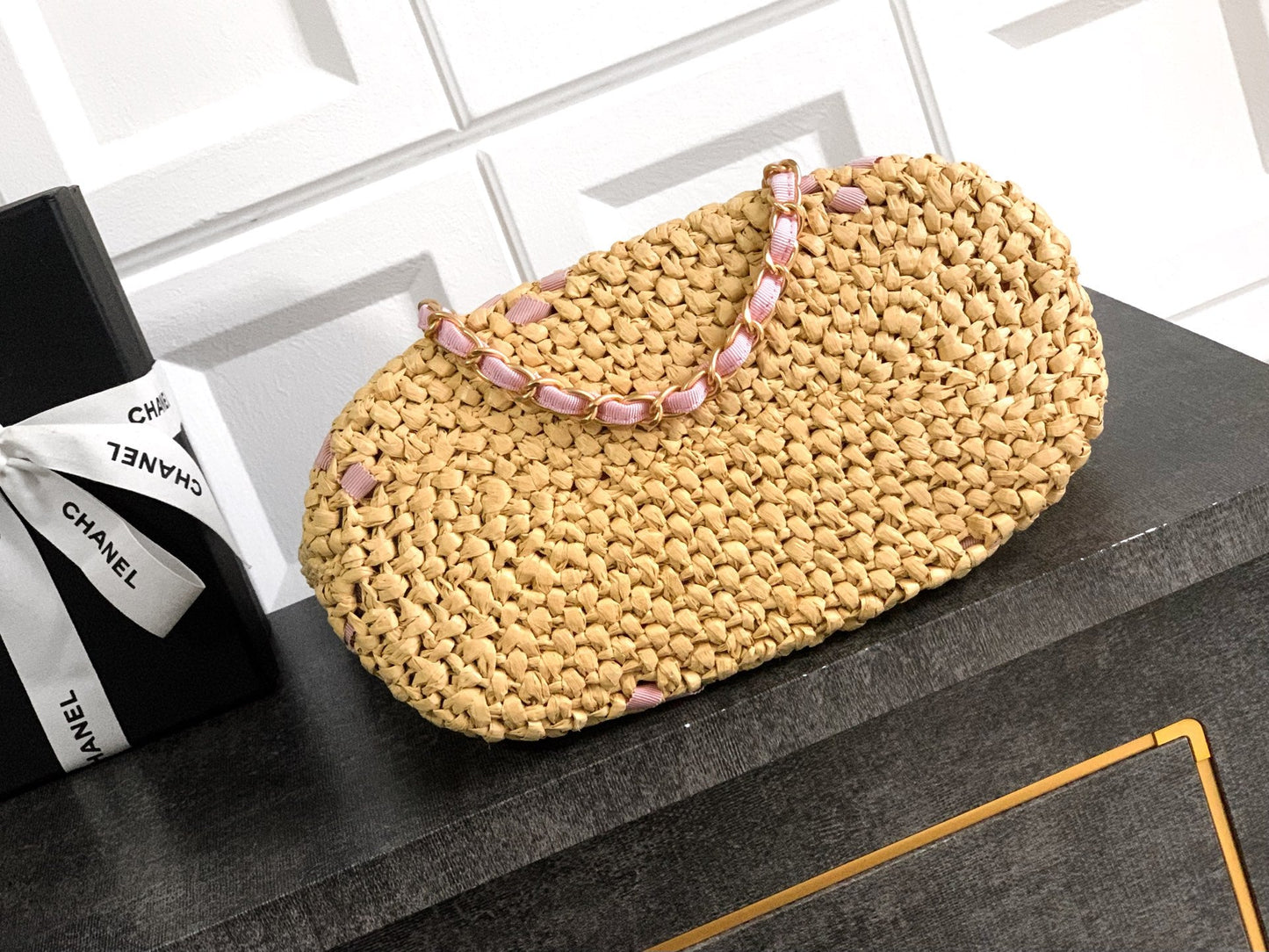 CC Braided Shopping Bag Double C logo Beige Pink Raffia