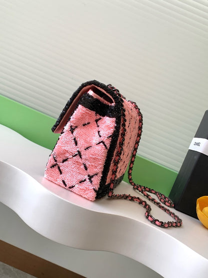 CLASSIC FLAP BAG 21 IN BLACK PINK SEQUINS RUTHENIUM HARDWARE