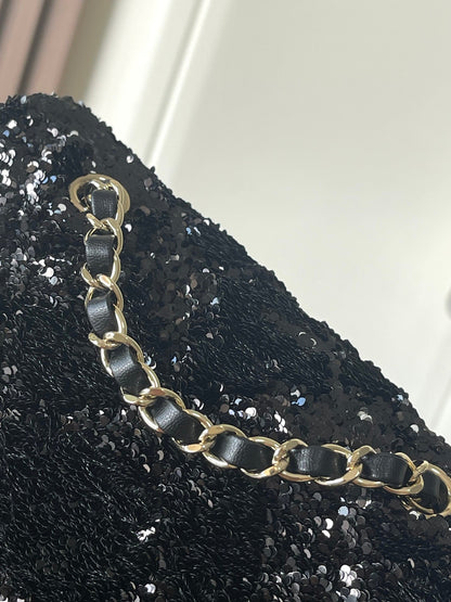 Chanel 25 Sequin Embroidered 21cm Bag Black Leather Sequins 286173