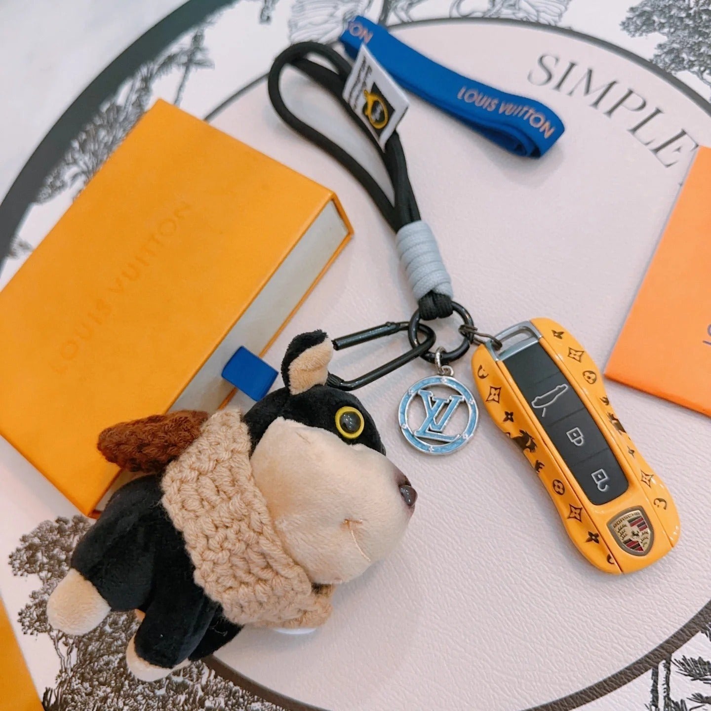 LV Black Beige Plush Dog Charm