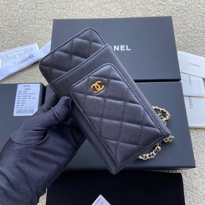 Chanel 2026 Phone Holder Crossbody Bag Black Caviar Leather